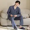 Pijama masculino, estilo primavera e outono, algodão puro, manga longa, calça longa, gola virada, cardigã, simples e casual, pode ser usado fora de casa, conjunto para ficar em casa