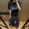 Camisa Polo de Punto Jacquard Fair Isle con Mangas Cortas para Mujer, Estilo Casual Retro Americano de Verano, Top para Pareja