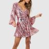 Amazon Transfronteiriço Europeu e Americano Cor Pura Decote V Estilo Cinto Vestido Solto Paetês Vestido de Paetês de Manga Comprida para Mulheres