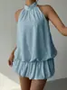 Top Y2k verano nuevo estilo francés cuello halter hombros descubiertos conjunto para mujer, conjunto suelto sin mangas shorts de capullo, color liso para mujer
