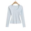 Camiseta Básica Versátil de Manga Longa Estilo Outono 2025 Hot Girl para Mulheres, Cintura de Ampulheta Decote U Slim Fit Camada Base Afinando