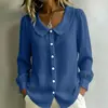 Camisa de lino para mujer, diseño cruzado europeo y americano 2026, nicho, para el trabajo, manga larga, holgada, cuello en V, para todas las estaciones