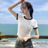 Playera de Manga Corta para Mujer 2025 Verano Nueva Corta Estilo Coreano Moderna Estudiante Ajustada Look Adelgazante Ombliguera Top de Estudiante