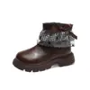 Novas Botas Princesa Xadrez para Meninas Botas Martin com Laço Solado Macio Antiderrapante Botas Curtas Infantis Botas de Couro Estilo Britânico