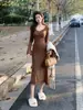 Vestido Longo Feminino Sexy de Renda Patchwork de Manga Longa para Mulheres no Outono, Combinado com um Casaco, Vestido Longo Justo ao Corpo para Figuras Baixas