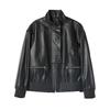 Haining Primavera y Otoño Manga Larga Cuero Negro Estilo Coreano Corto Fashionistas Cuello Cremallera Abrigo de Cuero para Mujer Cuero Personalización para Mujer