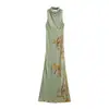 Vestido feminino de comércio exterior transfronteiriço europeu e americano ZA, popular no AliExpress, com estampa vintage, decote halter sexy, costas abertas, caimento justo