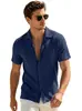Talla Europea Transfronteriza para Hombre Verano Holgada Casual Transpirable Cuello Solapa Cárdigan Color Sólido Jacquard de Toalla Manga Corta Estilo Americano Camisa
