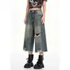 Jeans cropped rectos rasgados de moda versátiles de estilo retro americano para mujer, pantalones anchos vintage nuevos de verano