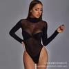 Europeo y Americano Tentación Sexy Provocar Cuello Alto Manga Larga Ajustado Ultrafino Perspectiva Malla Negra Sexy en stock