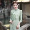 Princesa Jin Jin novo outono retrô verde fresco estilo fada para menina elegante crepe Jinhe cheongsam artístico