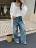 Pantalones Anchos Retro de Alta Resistencia Wanwei para Mujer Estilo Nuevo Primavera 2026 Remaches Pierna Recta Jeans Azules Desgastados P5714