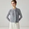 Elegante cardigã suéter de outono 100% caxemira pura para mulheres, gola redonda, com acabamento plissado, oferecendo um visual de tricô sofisticado e de caimento solto