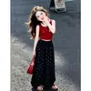 Conjunto Estilo Coreano para Niños Medianos y Grandes Moda de Verano Chaleco sin Mangas Falso Lunares Dulces Pantalones Anchos Casuales Conjunto de Dos Piezas