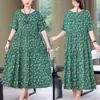 Vestido para Mulheres, Comprimento Médio, Vestido de Verão para Mãe, Vestido Longo de Algodão e Seda Acima do Joelho, Roupa para Mulheres de Meia-Idade, Vestido de Praia Curto-Manga Tamanho Grande para Mulheres