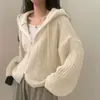 Cardigan de tricô com capuz e zíper duplo, estilo chique coreano para outono e inverno, casual, corte solto, com torção, manga longa, jaqueta suéter para mulheres