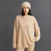 Novo suéter de malha quente versátil de gola redonda com borda dobrada, corte solto elegante, puro cashmere feminino para outono e inverno
