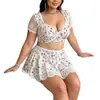 Conjunto de Pijama Sexy de Malla con Estampado de Encaje Tallas Grandes Europeas y Americanas Falda Corta Lencería Floral Sexy Transparente