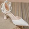 Sapatos de Salto Alto de Tira Única Estilo Francês para Mulheres, Sandálias de Salto Agulha com Bico Fino para o Verão com Pérolas, Sandálias Estilo Fada Vazadas 2025 para Combinar com Cheongsam
