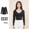 Top Cálido de Manga Larga con Parches de Encaje para Mujer, Cuello en V y Copas Integradas, No Necesita Usar Sujetador, Cepillado por Ambos Lados, Capa Base Adelgazante