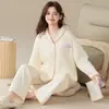 Pijama feminino 100% algodão, novo estilo outono, manga longa, calça longa, cardigã, cor sólida, casual e confortável, para estudantes e jovens, tamanho plus size para usar em casa
