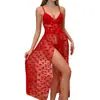 Lencería Sexy Nuevo Estilo de Comercio Exterior Europeo y Americano, Vestido de Tirantes Sexy de Encaje Transparente, Vestido Largo de Malla con Abertura Roja en Forma de Corazón