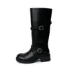 Moda belleza estilo coreano~2026 Botas de caballero de cuero de vaca completo con hebilla de cinturón, tacón medio grueso, punta redonda, botas altas de cuero genuino