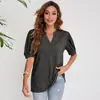 Novedad de verano 2022 en Amazon, tops cruzados europeos y americanos para mujer, camiseta casual de color liso con cuello en V y manga abullonada, holgada para mujer