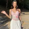 Camisola de encaje con cuello en V estilo europeo y americano para mujer, estampado de leopardo floral fruncida cintura corta que revela el abdomen, ajuste ceñido, top de tirantes interior para chica popular de Instagram