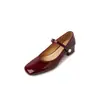 Zapatos de mujer pequeños y delicados, elegantes, de punta cuadrada, tacón medio, tacón grueso, con adornos de perlas, de una sola tira, hechos completamente de cuero por dentro y por fuera, Mary Janes de primavera