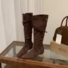 Botas de Cano Alto com Babados Aumenta-Altura Sazonal para Mulheres, Botas de Cano Alto Retro de Uso Duplo, Novas Botas Western Cowboy de Bico Fino para Outono/Inverno