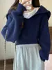 Design retrô de nicho gola V gola marinha suéter curto feminino outono inverno peça externa pulôver espessado suéter de cintura alta