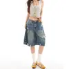Shorts Jeans Desgastados Primavera/Verão, Estilo High Street Unissex com Design de Aba no Bolso Traseiro, Shorts Jeans de Perna Larga