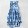 Vestido Casual de Algodão Puro com Estampa Digital Nova, Gola Redonda, Sem Mangas, Comprimento Médio, Para Mulheres, Verão na Praia