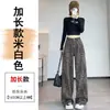 Calças de trabalho e jeans estilo americano com estampa de leopardo para mulheres, novo modelo 2026, cintura alta, corte solto, emagrecedor, calças casuais de perna reta para pessoas baixinhas