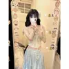 Novo Estilo de Verão Vestido Longo Azul Floral, Top de Amarrar Puro Desejo, Saia de Cintura Alta, Vestido Longo, Conjunto de Duas Peças Estilo Férias