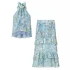 Conjunto de duas peças para verão feminino: top regata casual francês estilo resort com gola halter sem mangas e saia