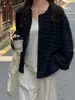Cárdigan de punto cepillado de estilo relajado y corte holgado para otoño e invierno con botones, chaqueta casual diaria y para ir al trabajo de manga larga a rayas para mujer, estilo coreano
