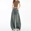 Jeans Feminino Retrô Transatlântico com Rasgos, Lâmina Curva, Primavera Verão, Solto, Caimento Fluido, Perna Larga, Calça Banana, Estilo Europeu Americano, Fino