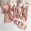 Fabricante de Pijamas al por Mayor Estampado Camisola Falsa para Mujer Ropa de Dormir Suelta Cómoda Encaje Conjunto de Cinco Piezas Ropa de Casa Lencería Camisón