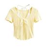 Camiseta Feminina de Verão Nova Americana Cor de Contraste Gola Pendurada Renda Sem Alças Manga Curta Doce Pura Garota Apimentada Falso Duas Peças Top Curto