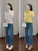 Calça bordada floral estilo francês resistente, 9 pontos! Jeans azul névoa com stretch em quatro direções, calça reta que afina para o início do outono H081802
