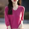 Suéter de punto para mujer con cuello en V y cinco mangas, color liso, manga corta, suéter de punto holgado, capa base, camiseta 25 Otoño Nueva Llegada Primera Línea Listo para usar T