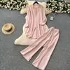 Estilo Holgazán Traje Casual para Mujer Estilo Coreano de Moda Suelta Midi Manga Larga Vestido Camisa Cintura Alta Pantalones de Pierna Ancha
