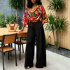 8207 Moda Europeia Plus Size Feminina Amazon Outono Inverno Estampado Gola Swing Solto Top Plissado Calça Larga Flare Conjunto