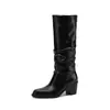 Botas de Caballero Apiladas de Caña Alta Arrugadas de Piel de Vaca Entera 2026 Invierno Tacón Alto Grueso Punta Cuadrada Piel Genuina Sin Cordones Botas Largas Mujer