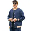 Jaqueta jeans lavada estilo americano com gola redonda para homens, jaqueta baseball color blocking, moda primavera e outono, peça externa casual masculina solta e moderna