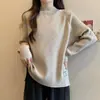 Suéter Básico Feminino Plus Size de Gola Alta Meia-Boca Grosso Estiloso para Outono e Inverno, Caimento Solto, Malha Fina Emagrecedora