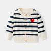 Nuevo cárdigan de punto para niñas estilo europeo y americano de primavera y otoño, cuello redondo, bloques de color, rayas de corazón, chaqueta suéter fina de algodón para niños