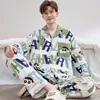 Pijama para hombre de manga larga, estilo primavera y otoño, cárdigan con cuello de solapa, diseño casual de dibujos animados, conjunto de dos piezas para casa para adolescentes y niños